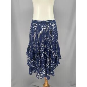 Anthropology Lil Silk Skirt Womens 8 Blue White Ruffle Asymmetrical Midi